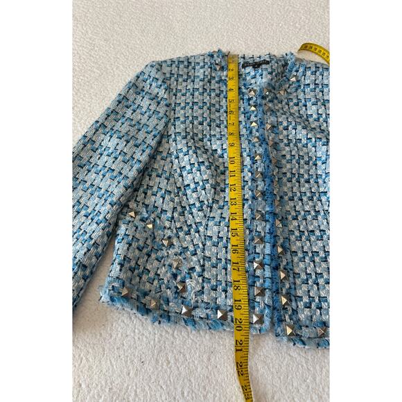 Vintage Boho Chic Blazer Women's Frayed Trim Blue Plaid Studded Short 10 Reg - Picture 4 of 10